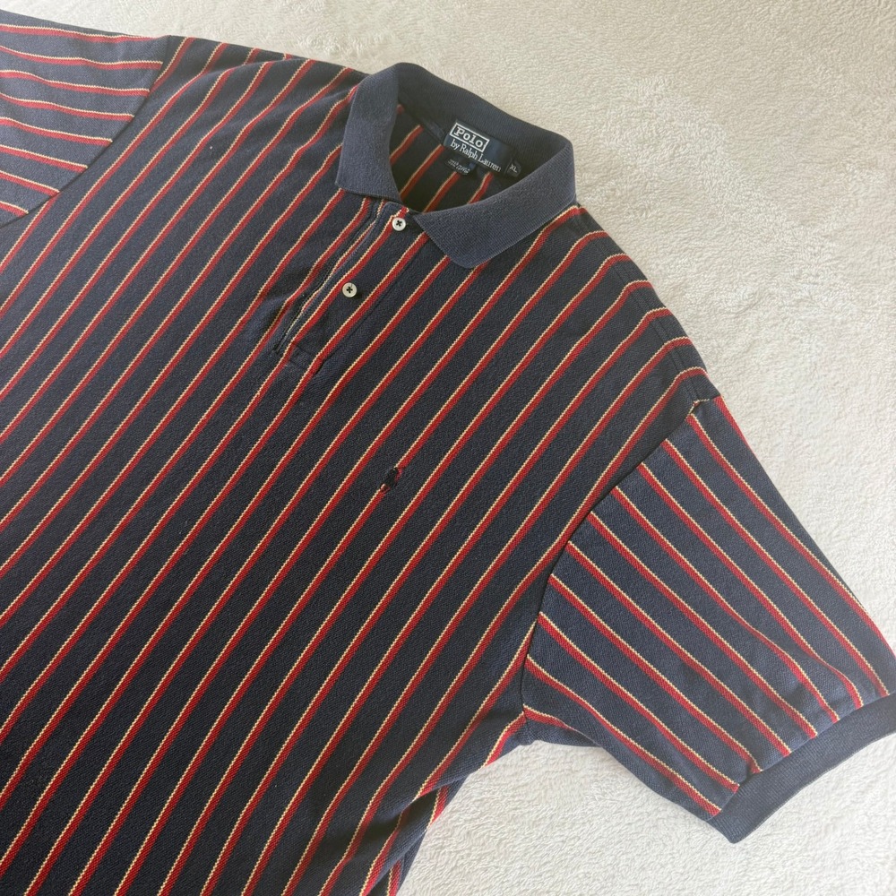 Polo Ralph Lauren Vintage Polo Shirt Vertical Stripe Navy Red Mens XL USA Made